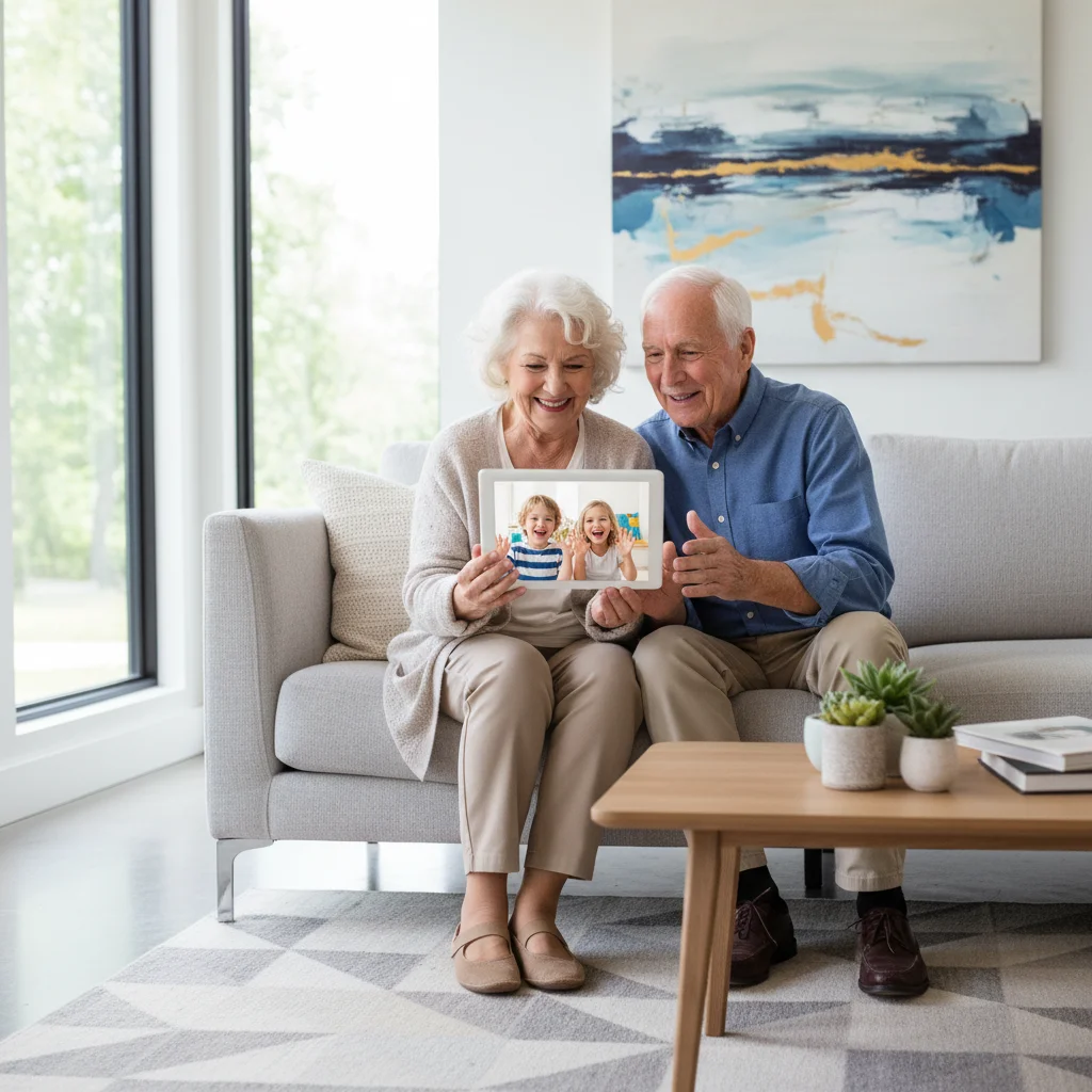 Pareja de ancianos usando una tablet para videollamada con sus nietos, resaltando la conectividad digital intergeneracional.