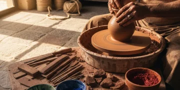 Manos de artesano español trabajando cerámica tradicional en un taller soleado, símbolo de la artesanía española sostenible.