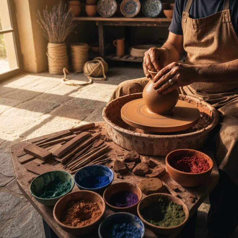 Manos de artesano español trabajando cerámica tradicional en un taller soleado, símbolo de la artesanía española sostenible.