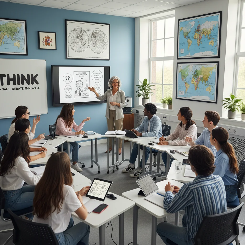 Estudiantes de diversas edades y orígenes debatiendo en un aula moderna, fomentando el pensamiento crítico y la participación cívica en España.