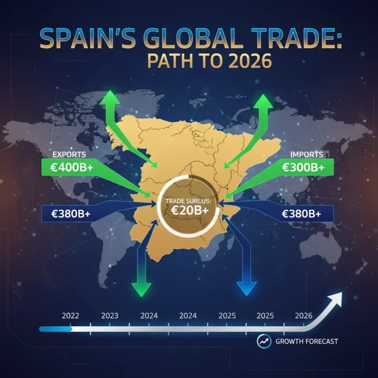Gráfico que ilustra la balanza comercial española con flechas de exportación e importación y proyecciones económicas hacia 2026.