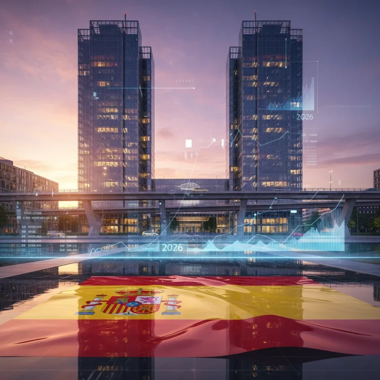 Edificio del Banco Central Europeo con bandera española, simbolizando la relación económica en 2026.