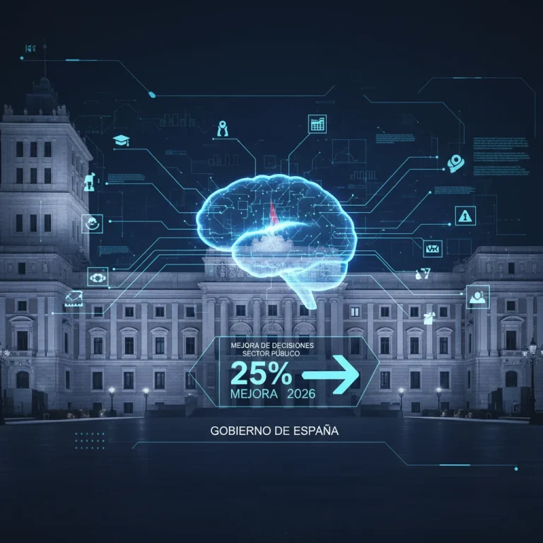 Infografía futurista con datos que fluyen hacia una estructura cerebral, edificios gubernamentales españoles de fondo, simbolizando la mejora de decisiones en el sector público.