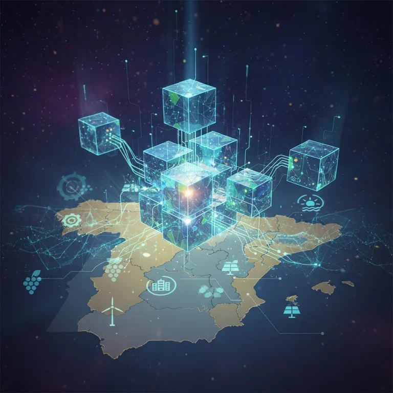 Representación abstracta de la tecnología blockchain en el contexto empresarial español, con conexiones de datos y seguridad.