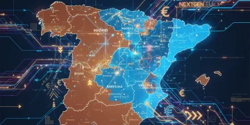 Mapa de España mostrando la brecha digital con áreas de alta y baja conectividad, y elementos digitales que representan los fondos Next Generation.