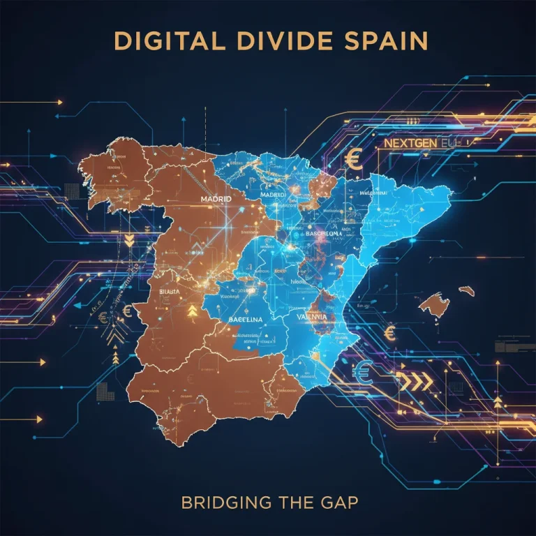 Mapa de España mostrando la brecha digital con áreas de alta y baja conectividad, y elementos digitales que representan los fondos Next Generation.