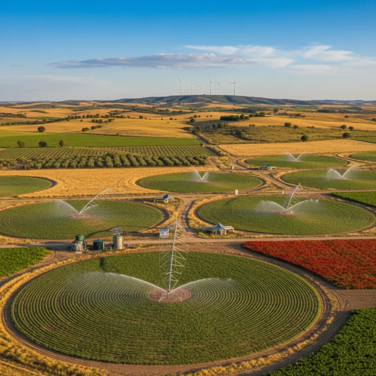 Vista panorámica de campos de cultivo españoles, con sistemas de riego modernos y cultivos diversos, simbolizando la adaptación y resiliencia agrícola.