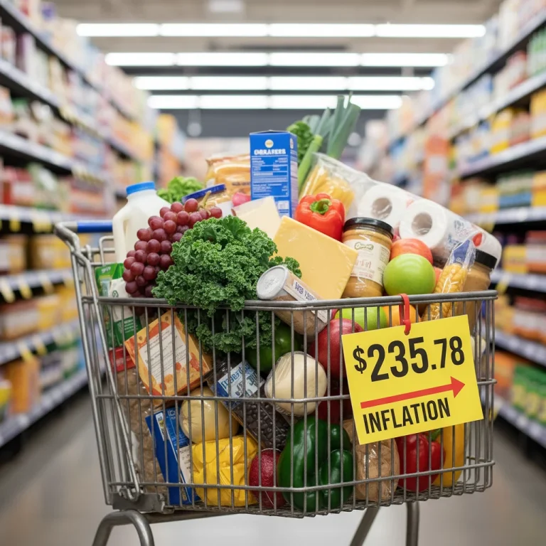 Cesta de la compra llena de productos frescos y envasados, con una etiqueta de precio elevada, simbolizando la inflación en España.