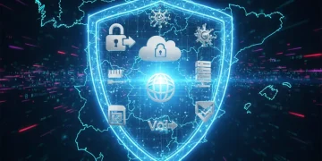 Escudo digital protegiendo datos con mapa de España de fondo, simbolizando ciberseguridad avanzada.