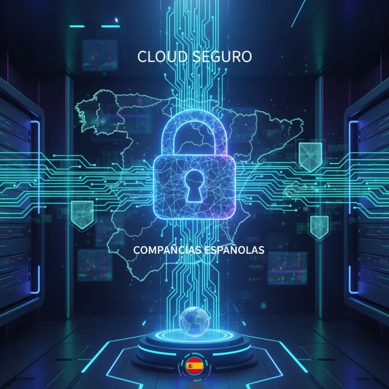 Infografía de ciberseguridad en la nube con escudo digital y datos seguros para empresas españolas