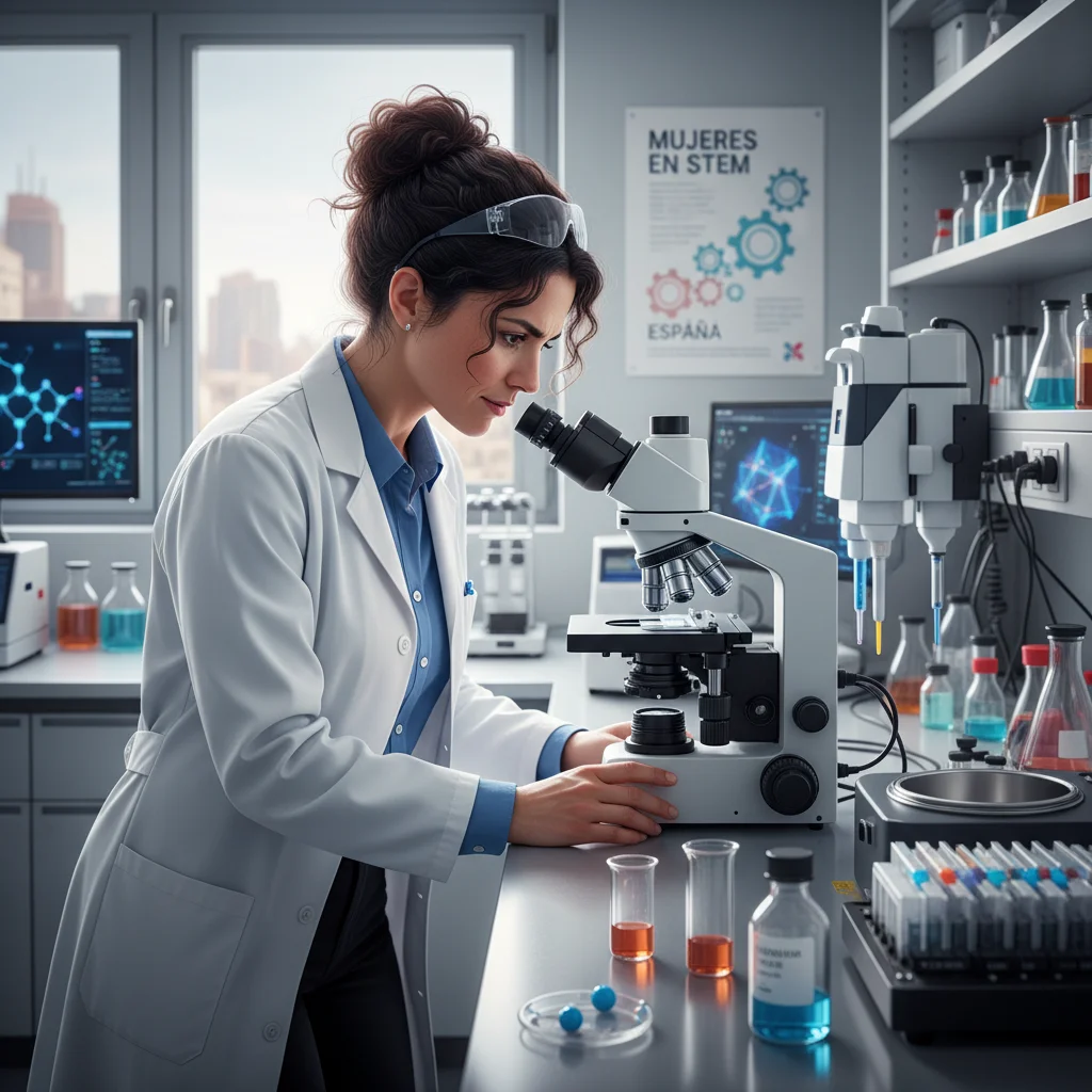 Científica española trabajando en un laboratorio de investigación, destacando la contribución femenina a la ciencia.