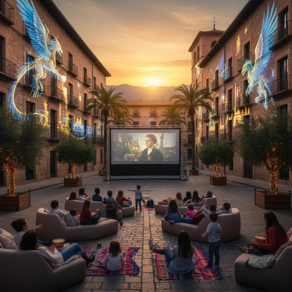 Cine al aire libre con proyecciones de realidad aumentada en una plaza española.