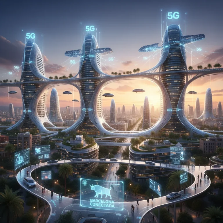 Paisaje urbano español futurista con símbolos de conectividad 5G y vehículos autónomos, representando la era digital.