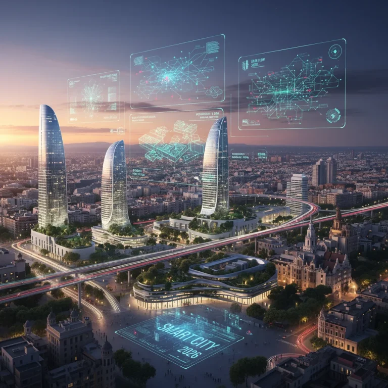 Paisaje urbano futurista de España con superposiciones de datos de gemelos digitales
