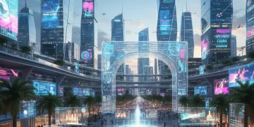 Ciudad española futurista con personas interactuando digitalmente