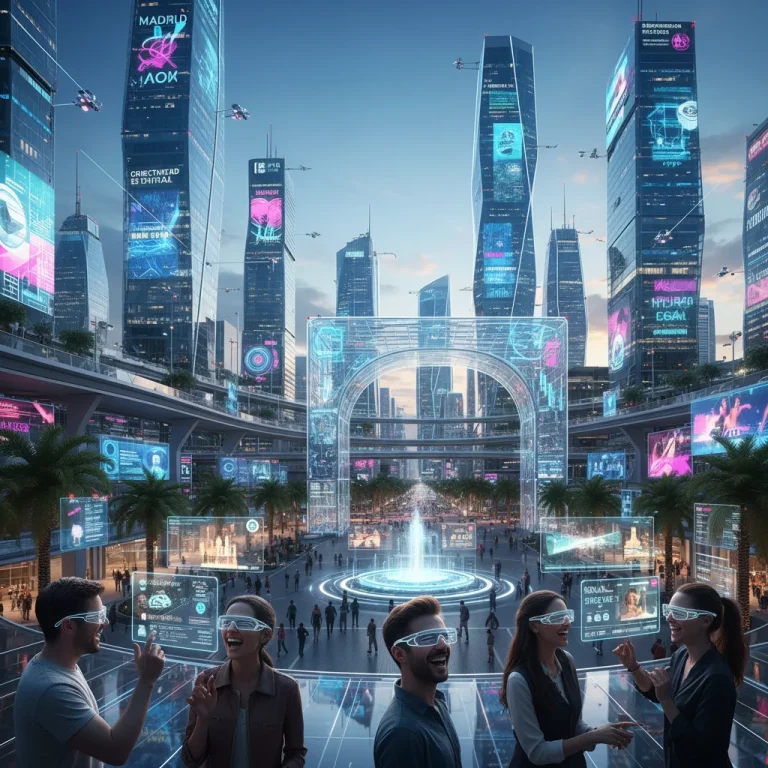 Ciudad española futurista con personas interactuando digitalmente