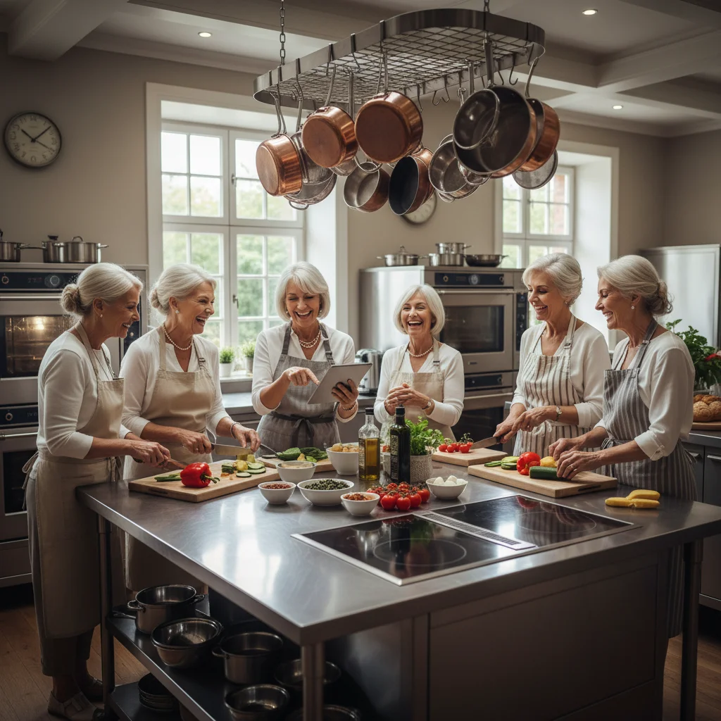 Mujeres mayores participando en una clase de cocina gourmet, representando el ocio y el aprendizaje continuo.