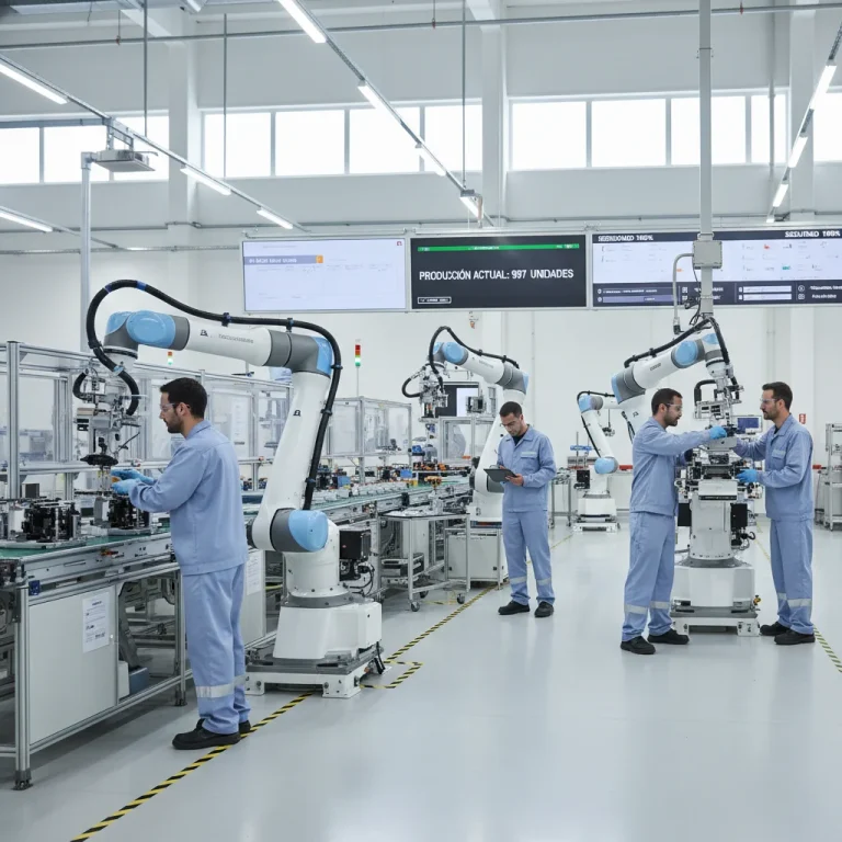 Robots colaborativos (cobots) trabajando junto a operarios humanos en una fábrica española moderna, mostrando la integración de tecnología y mano de obra en el sector industrial.