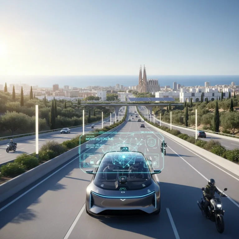 Coche autónomo circulando por una autopista española, con tecnología de sensores visible.