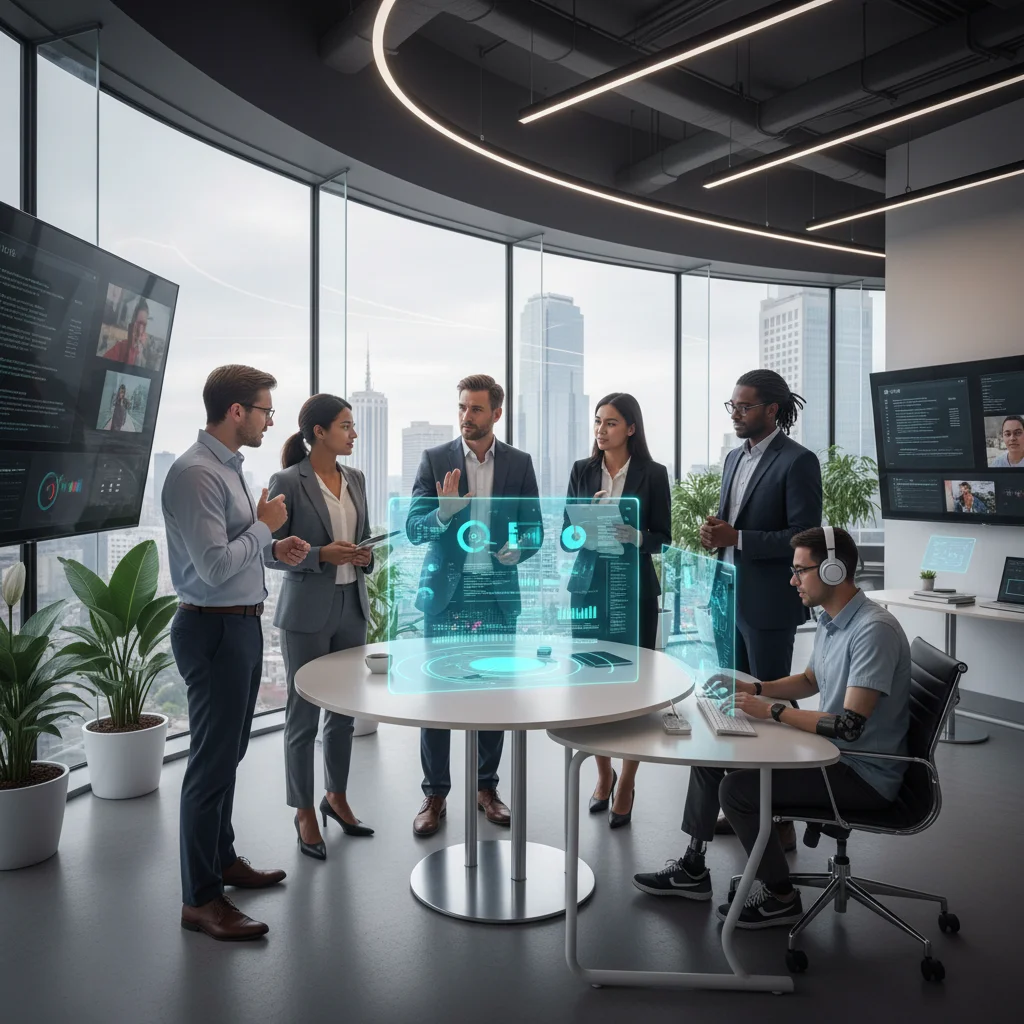 Profesionales colaborando en una oficina moderna, con pantallas holográficas y datos, representando la sinergia humano-IA.