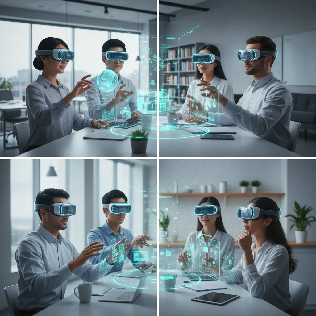 Profesionales colaborando a distancia con realidad aumentada y hologramas gracias a la conectividad 5G de baja latencia.
