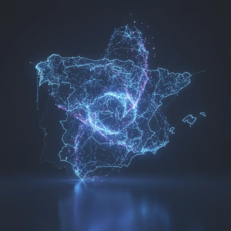 Representación abstracta de la computación cuántica con elementos de energía y un mapa de España, simbolizando el futuro tecnológico del país.