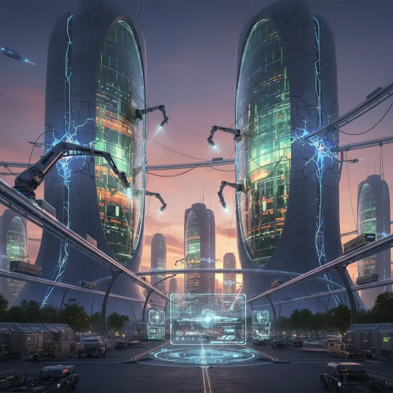 Diseño futurista de edificios con materiales inteligentes y sostenibles, mostrando innovación en la construcción.
