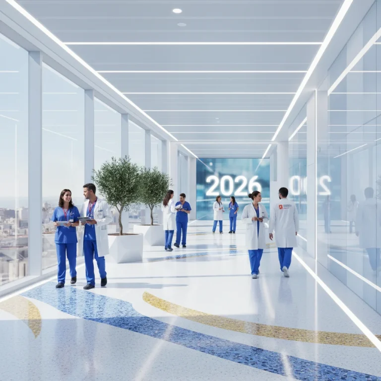 Corredor hospitalario moderno y luminoso con personal sanitario, simbolizando la sanidad pública española en 2026.