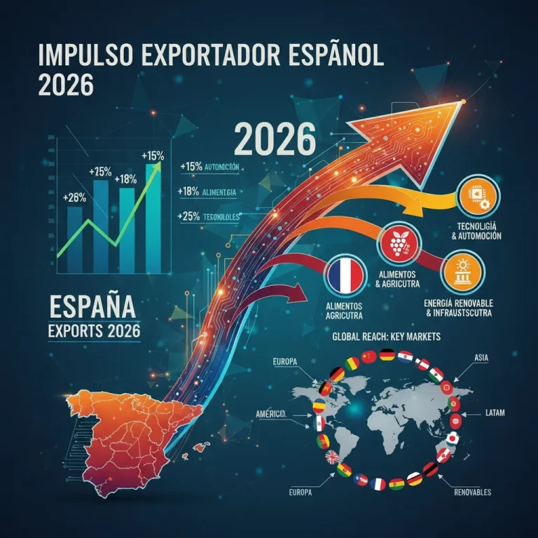 Infografía visualizando el crecimiento de las exportaciones españolas en 2026 hacia nuevos mercados y sectores clave.
