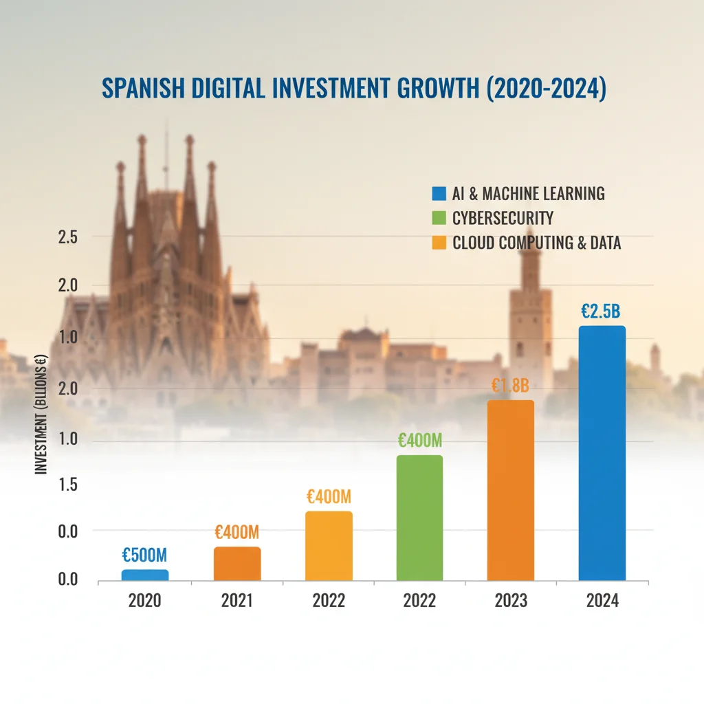 Gráfico de barras mostrando el crecimiento de la inversión en sectores digitales clave en España.