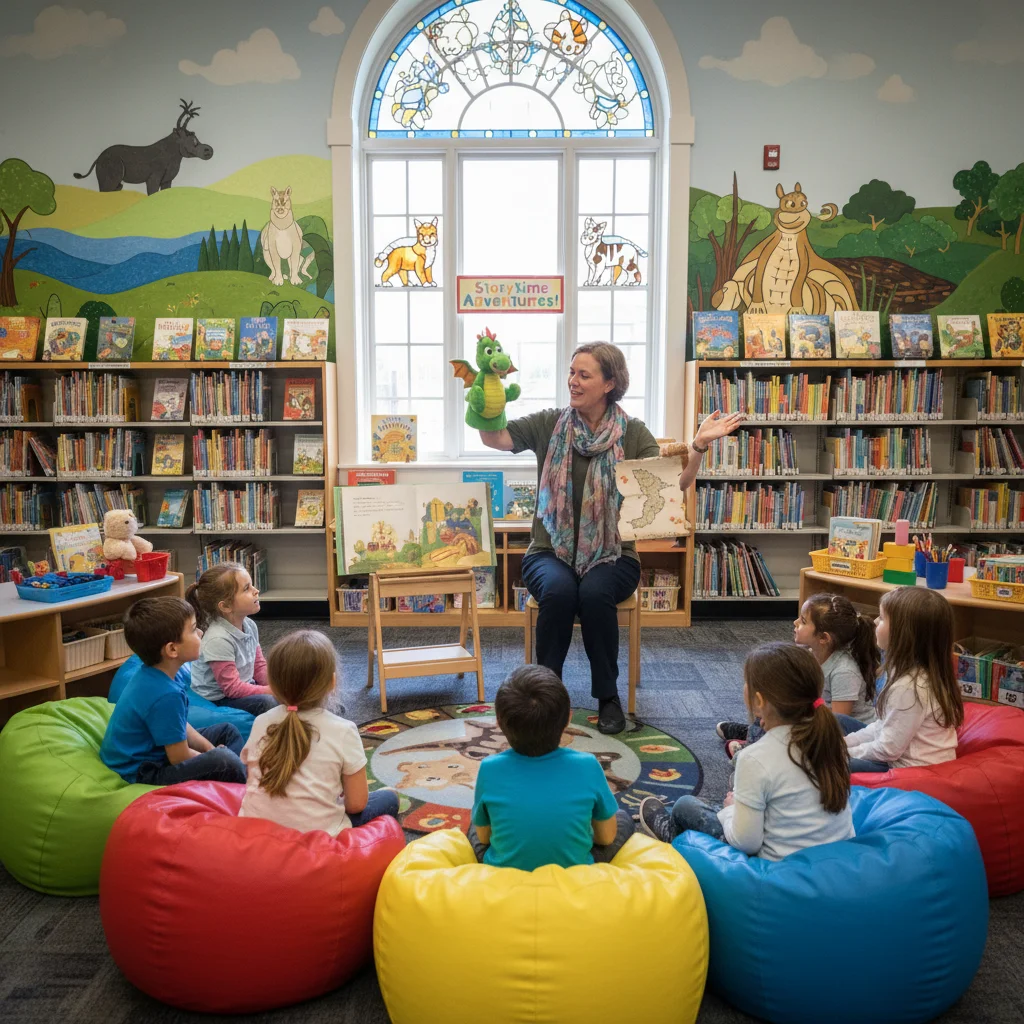 Niños disfrutando de una sesión de cuentacuentos interactiva en una biblioteca.