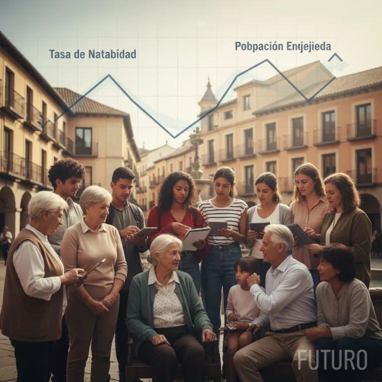 Representación visual de la demografía española con personas de diversas edades y gráficos de natalidad decreciente.