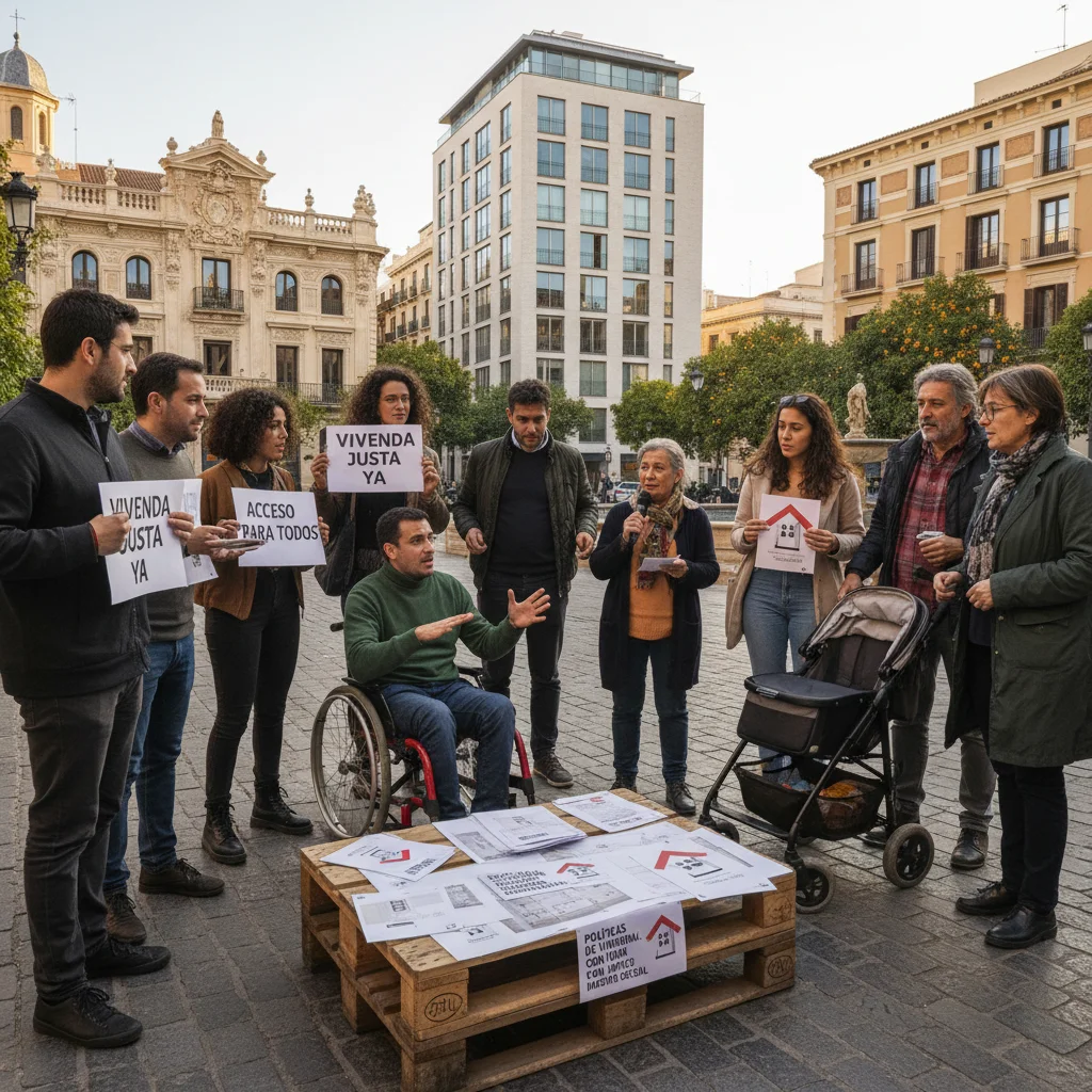 Grupo de personas dialogando sobre accesibilidad y asequibilidad de la vivienda en España.