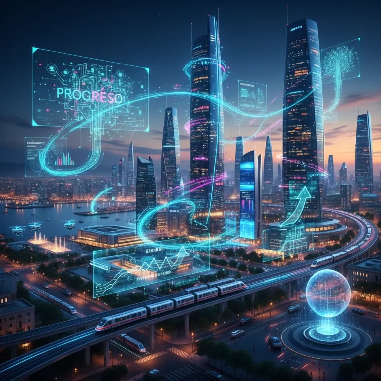 Paisaje urbano español futurista con redes digitales, simbolizando la digitalización de la economía española.