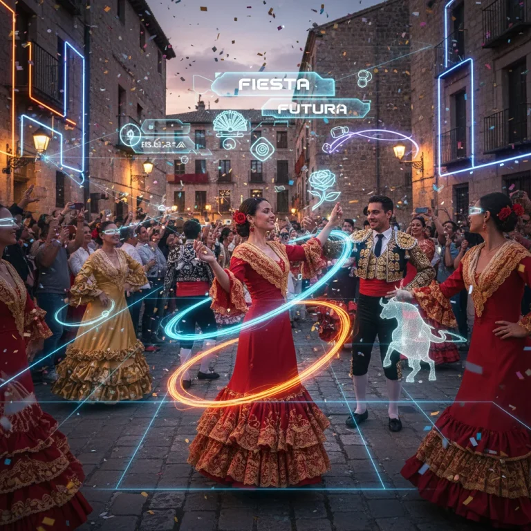 Integración digital en una fiesta tradicional española con elementos de realidad aumentada y luces futuristas.