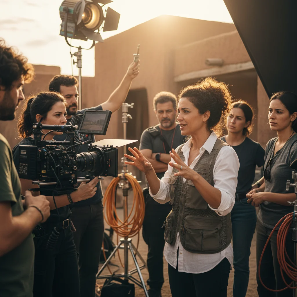 Directora de cine española liderando un equipo en el set, simbolizando el empoderamiento femenino en la industria cinematográfica.