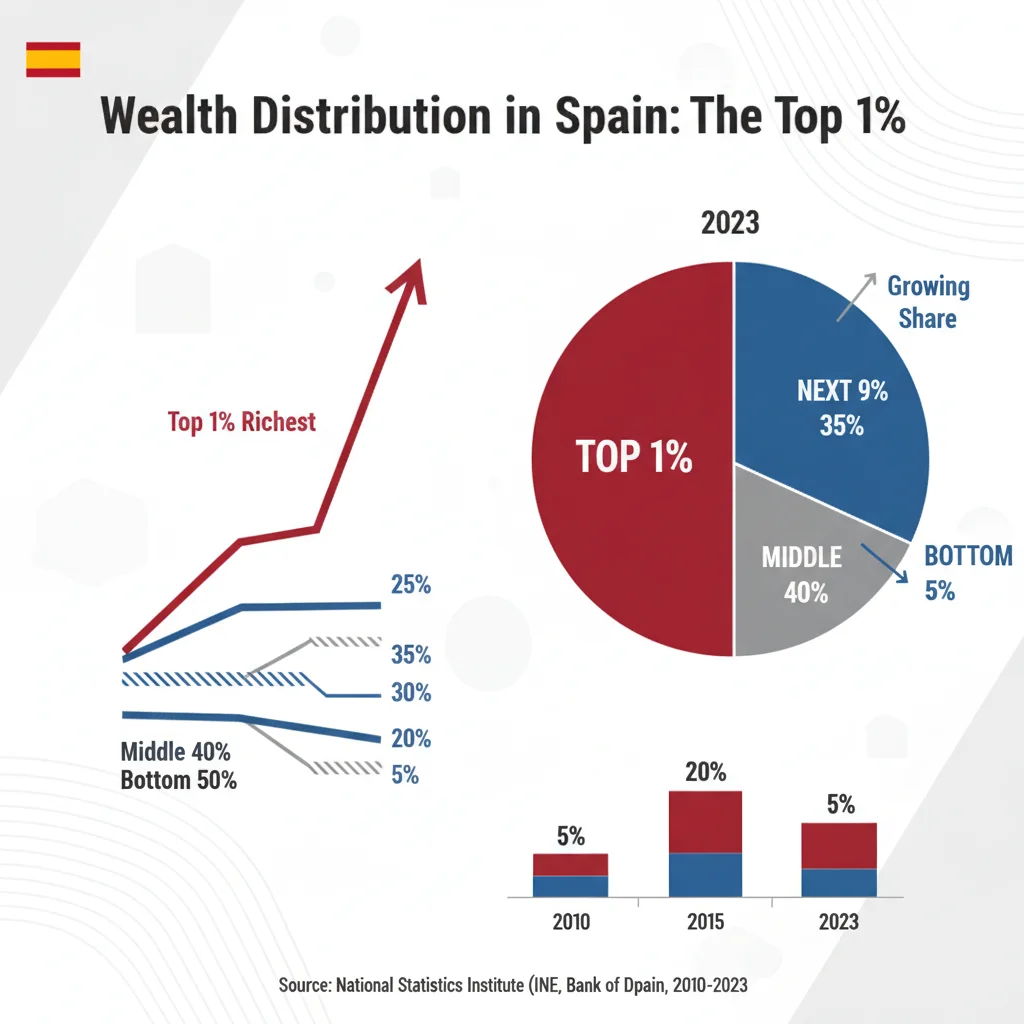 Infografía detallada de la distribución de la riqueza en España, mostrando la concentración en el 1% superior.