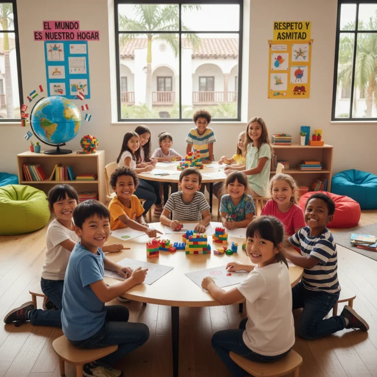 Niños de diversas culturas interactuando felizmente en un aula moderna en España