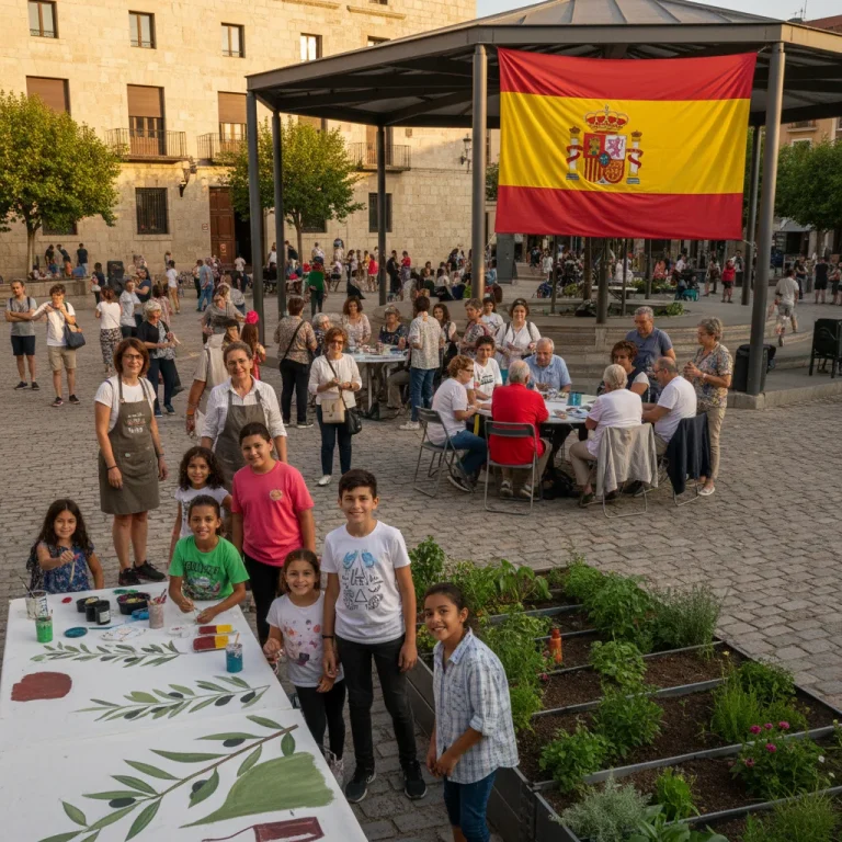 Grupo diverso de ciudadanos españoles participando activamente en un evento comunitario, simbolizando la cohesión social y la educación cívica.