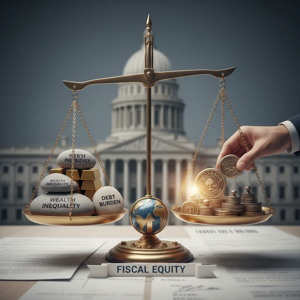 Balanza de la justicia fiscal equilibrándose, con manos ajustando pesos para mayor equidad en el sistema tributario español.