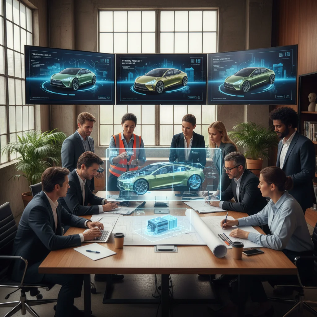 Equipo de profesionales de la industria automotriz discutiendo planes para el desarrollo de vehículos eléctricos, simbolizando la colaboración y el futuro del sector.