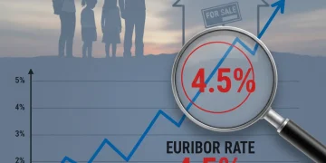 Gráfico del Euríbor ascendiendo al 4,5% con una familia preocupada por su hipoteca.