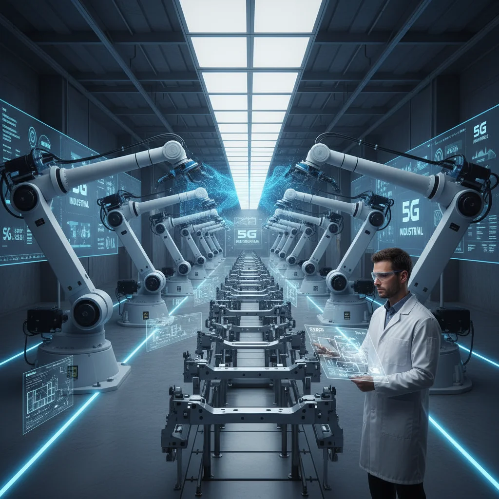 Robots industriales en una fábrica inteligente conectados por 5G, mejorando la eficiencia y automatización.