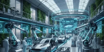 Fábrica de vehículos eléctricos en España con alta tecnología y robots, simbolizando la modernización y el futuro de la industria automotriz española.