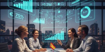 Emprendedores colaborando en una startup, analizando gráficos de inversión y crecimiento en España.
