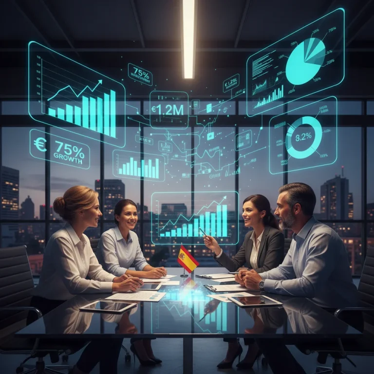 Emprendedores colaborando en una startup, analizando gráficos de inversión y crecimiento en España.