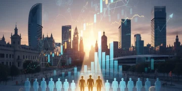 Panorama urbano español con gráficos financieros superpuestos, simbolizando la fiscalidad y su impacto económico.