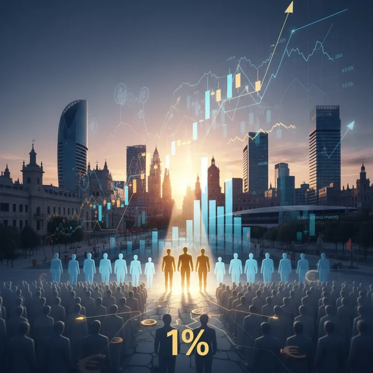 Panorama urbano español con gráficos financieros superpuestos, simbolizando la fiscalidad y su impacto económico.