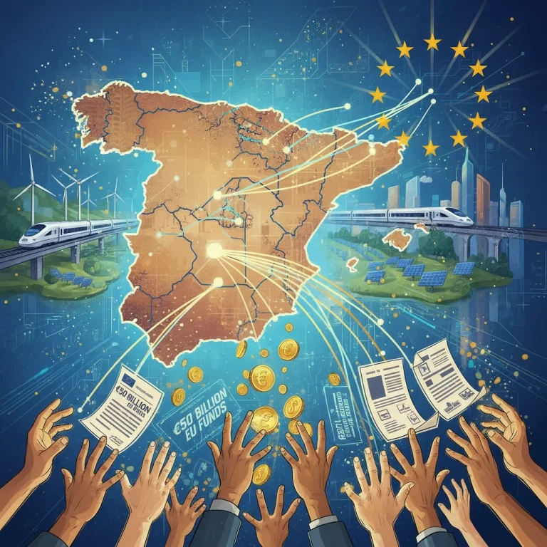 Mapa estilizado de España conectado a la Unión Europea, recibiendo fondos y simbolizando crecimiento económico y desarrollo.