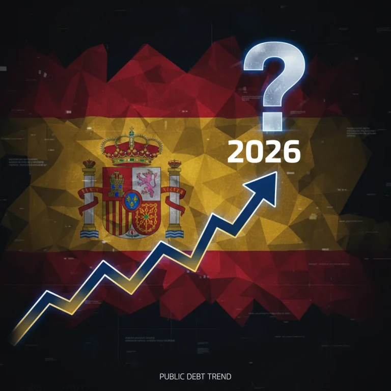 Gráfico de la deuda pública española con tendencia ascendente y la bandera de España, simbolizando la incertidumbre en 2026.